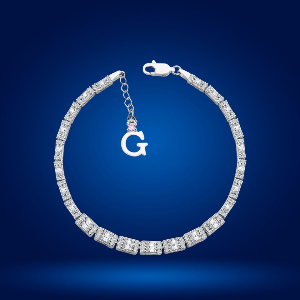 925 Ayar Gümüş Ful Baget Taşlı Zincir Harfli Su Yolu Bileklik Ğ