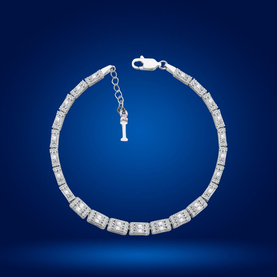 925 Ayar Gümüş Ful Baget Taşlı Zincir Harfli Su Yolu Bileklik I