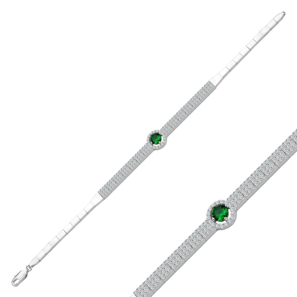 925 Ayar Gümüş 3 Sıra Yeşil Tek Taşlı Harfli Su Yolu Bileklik