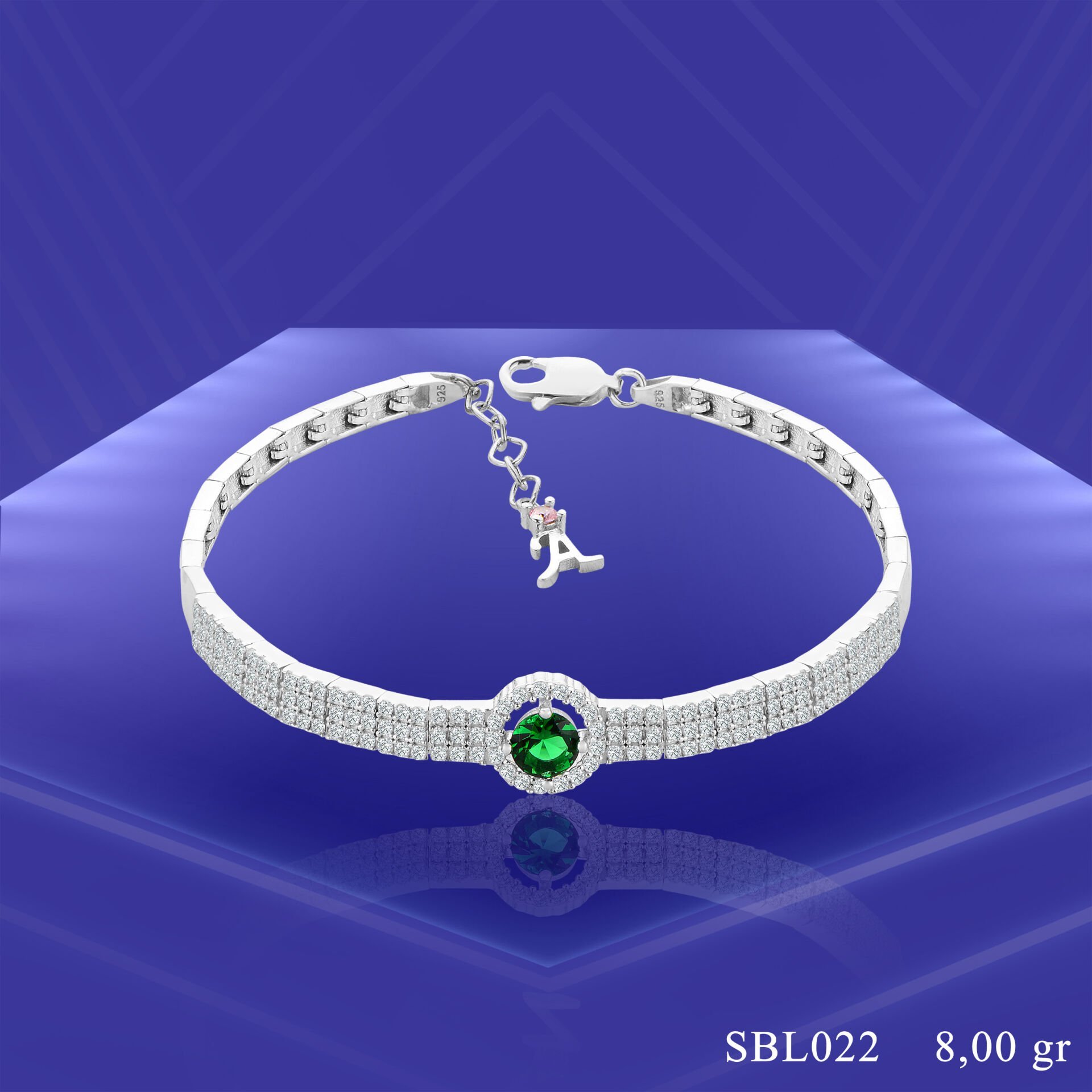 925 Ayar Gümüş 3 Sıra Yeşil Tek Taşlı Harfli Su Yolu Bileklik