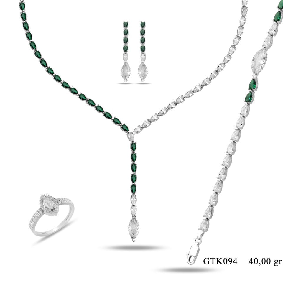 925 Ayar Gümüş Ful Yeşil Beyaz Damla Taşlı Salkım Su Yolu Set