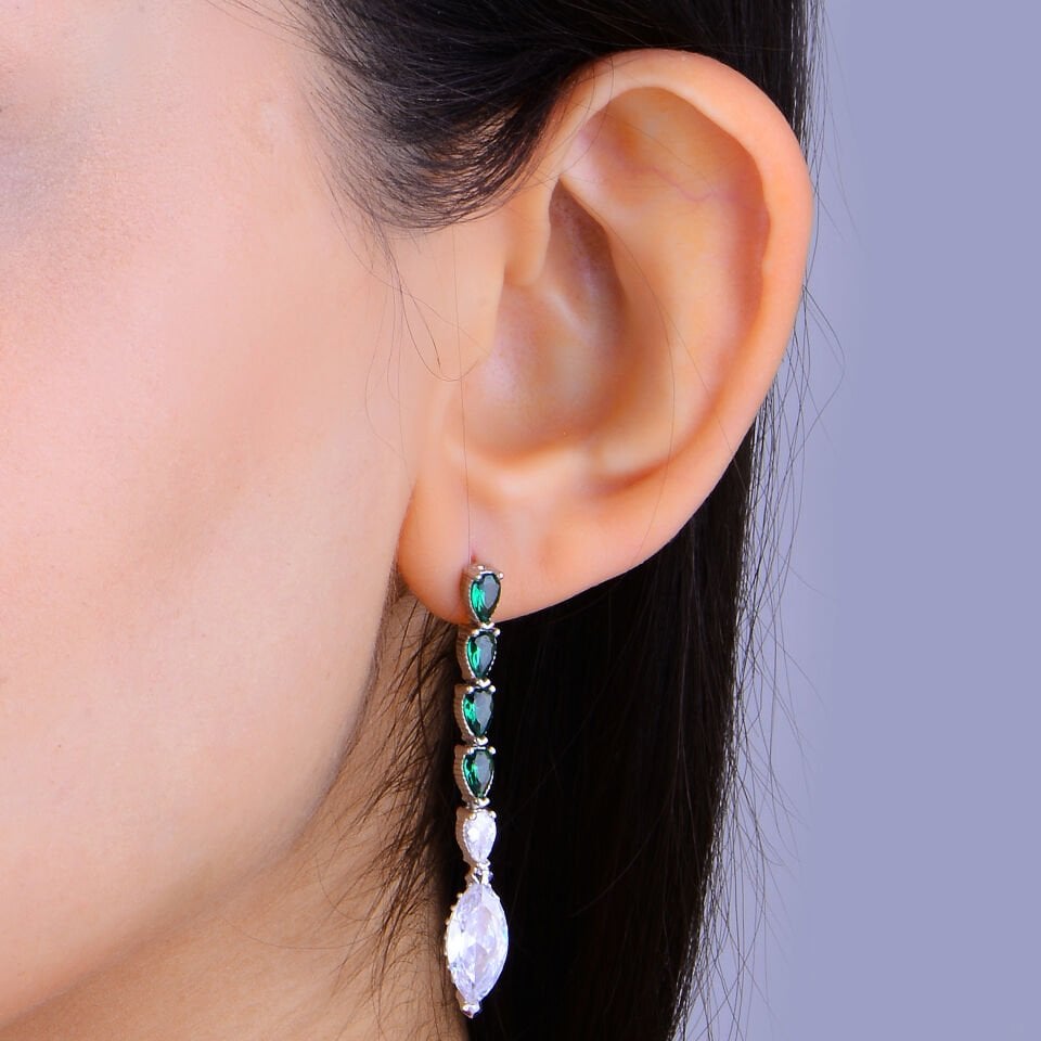 925 Ayar Gümüş Ful Yeşil Beyaz Damla Taşlı Salkım Su Yolu Set