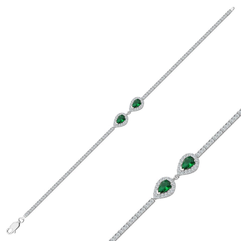 925 Ayar Gümüş Yeşil Çift Damla Model Zincir Harfli Su Yolu Bileklik