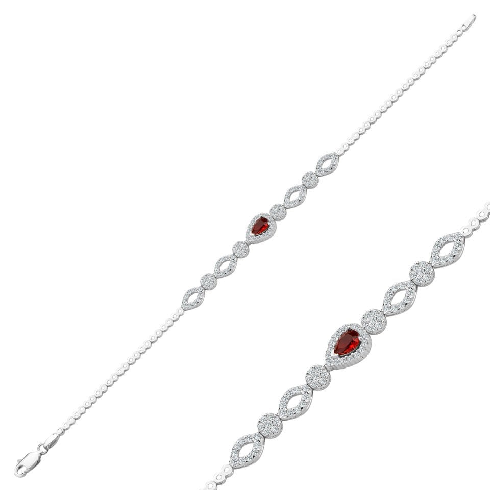 925 Ayar Gümüş Kırmızı Damla Taşlı Zincir Harfli Su Yolu Bileklik