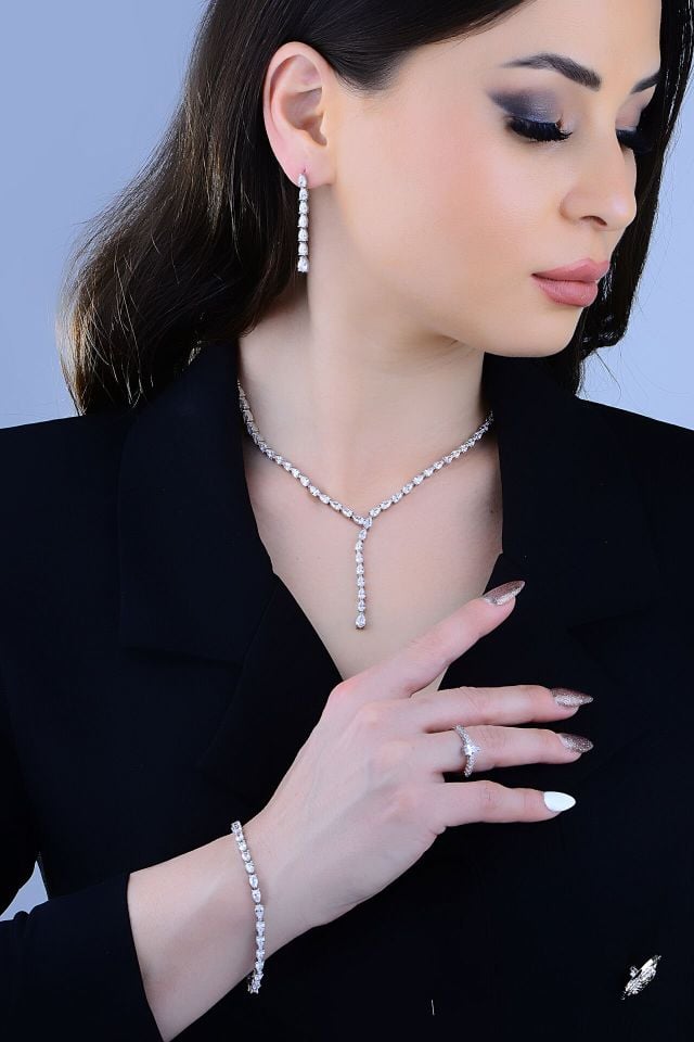 925 Ayar Gümüş Damla Tam Tur Salkım Su Yolu Set