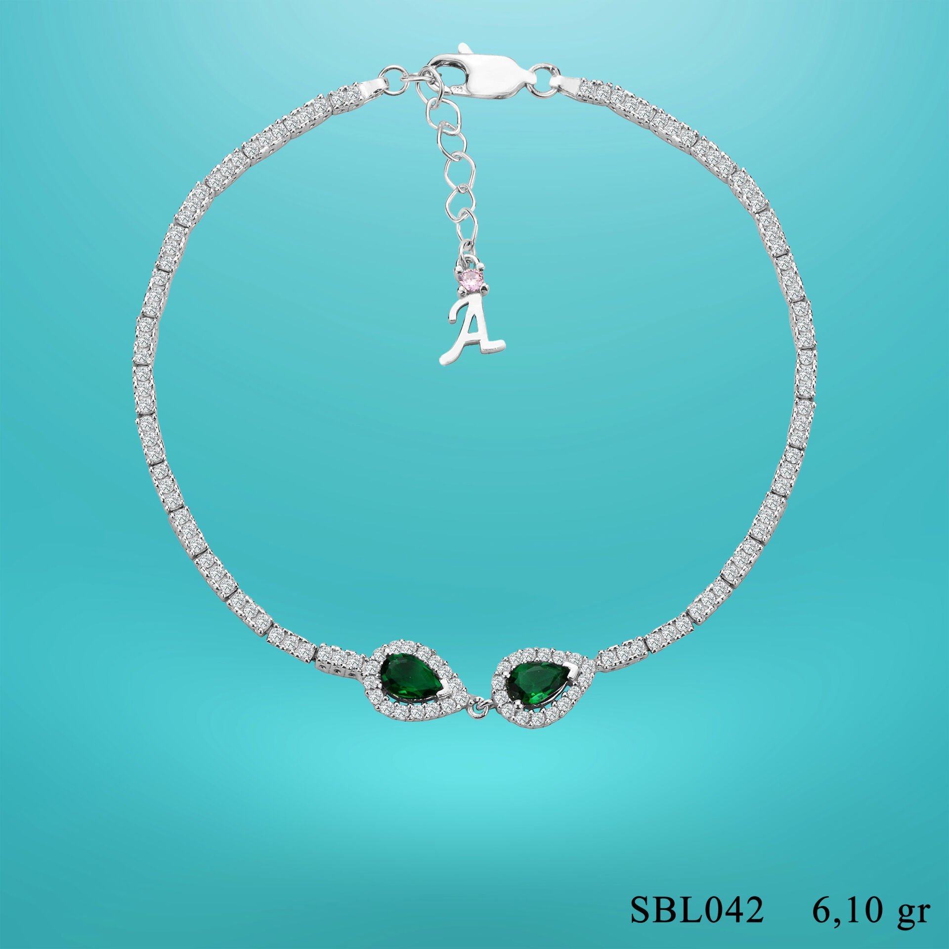 925 Ayar Gümüş Yeşil Çift Damla Model Zincir Harfli Su Yolu Bileklik