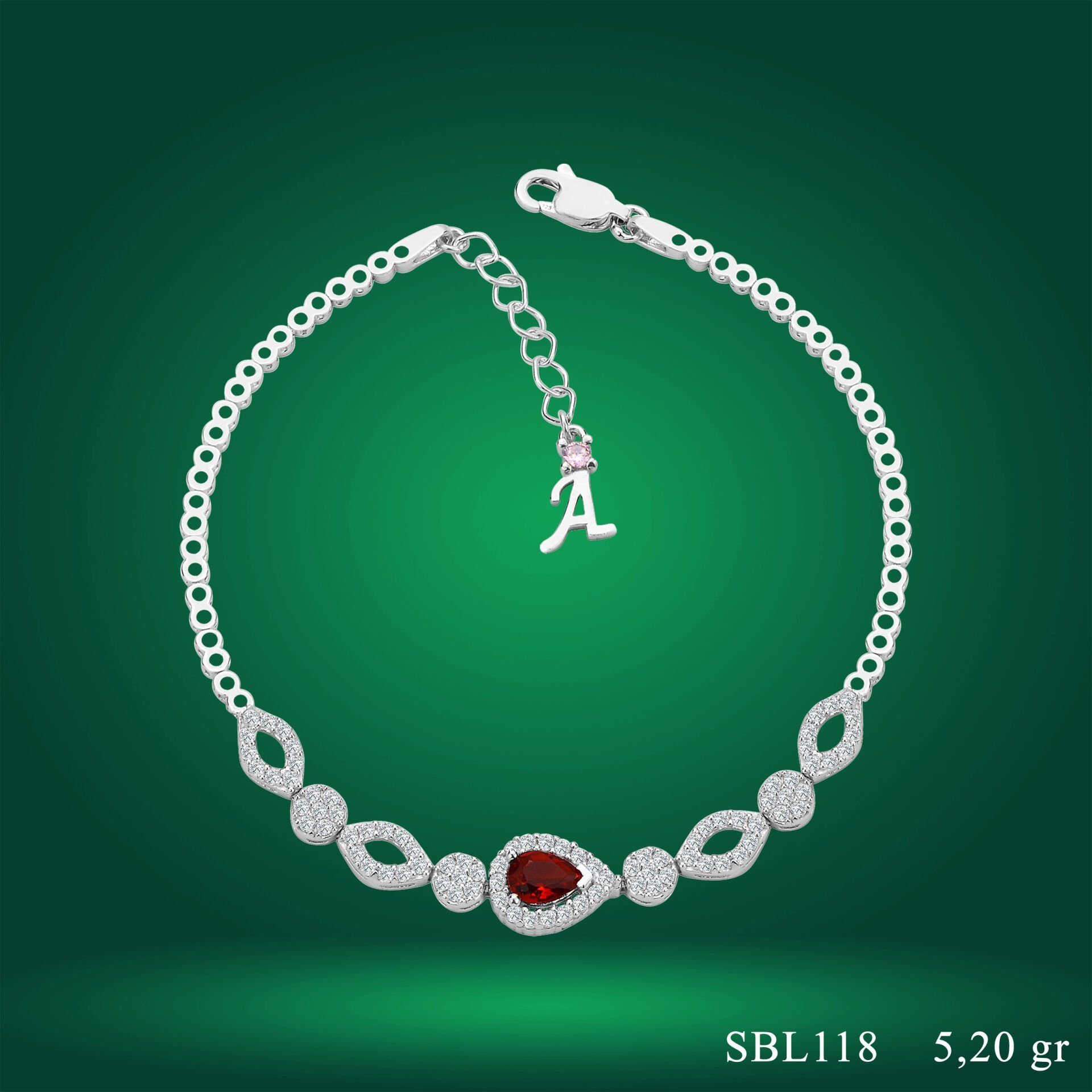 925 Ayar Gümüş Kırmızı Damla Taşlı Zincir Harfli Su Yolu Bileklik