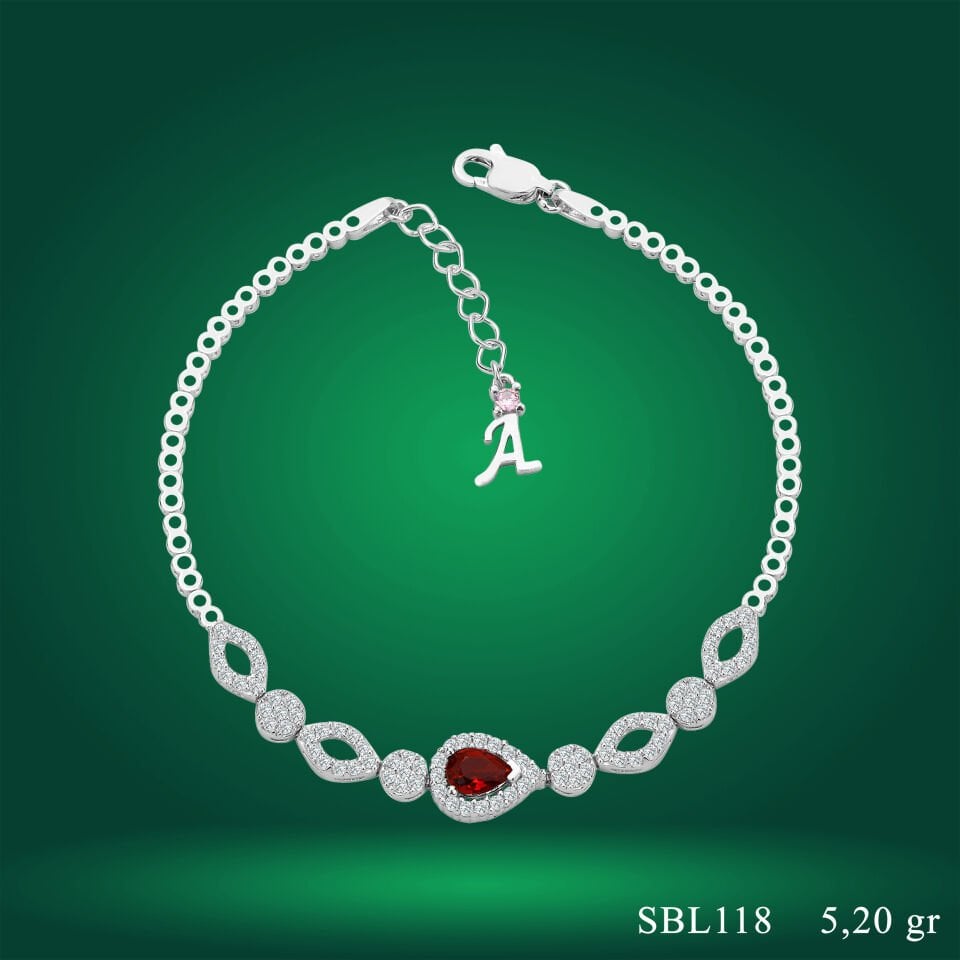 925 Ayar Gümüş Kırmızı Damla Taşlı Zincir Harfli Su Yolu Bileklik