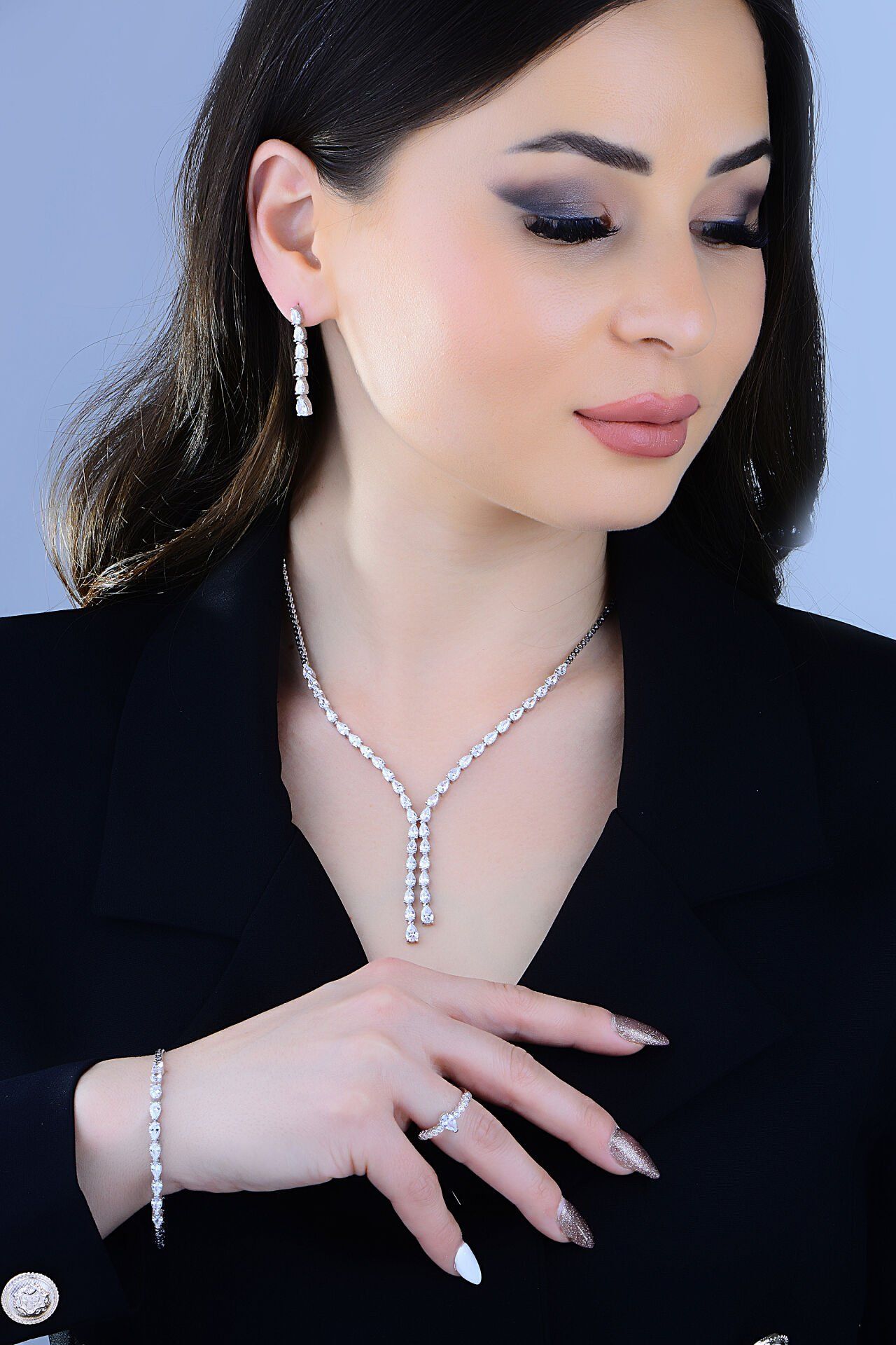 BARIŞ TAKI 925 Ayar Gümüş Damla Salkım Su Yolu Set