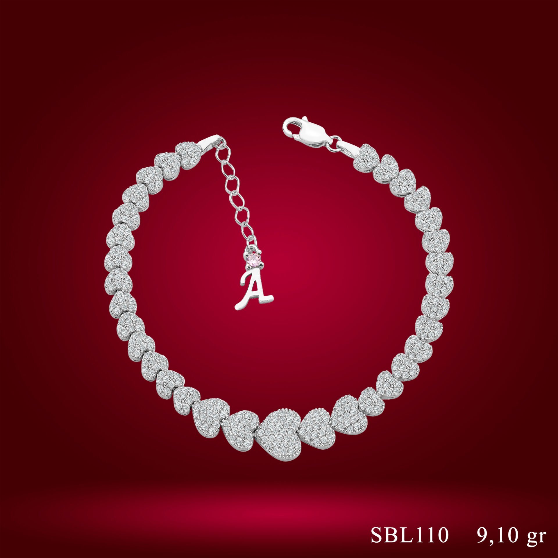 925 Ayar Gümüş Pırlanta Kalpli Zincir Harfli Su Yolu Bileklik