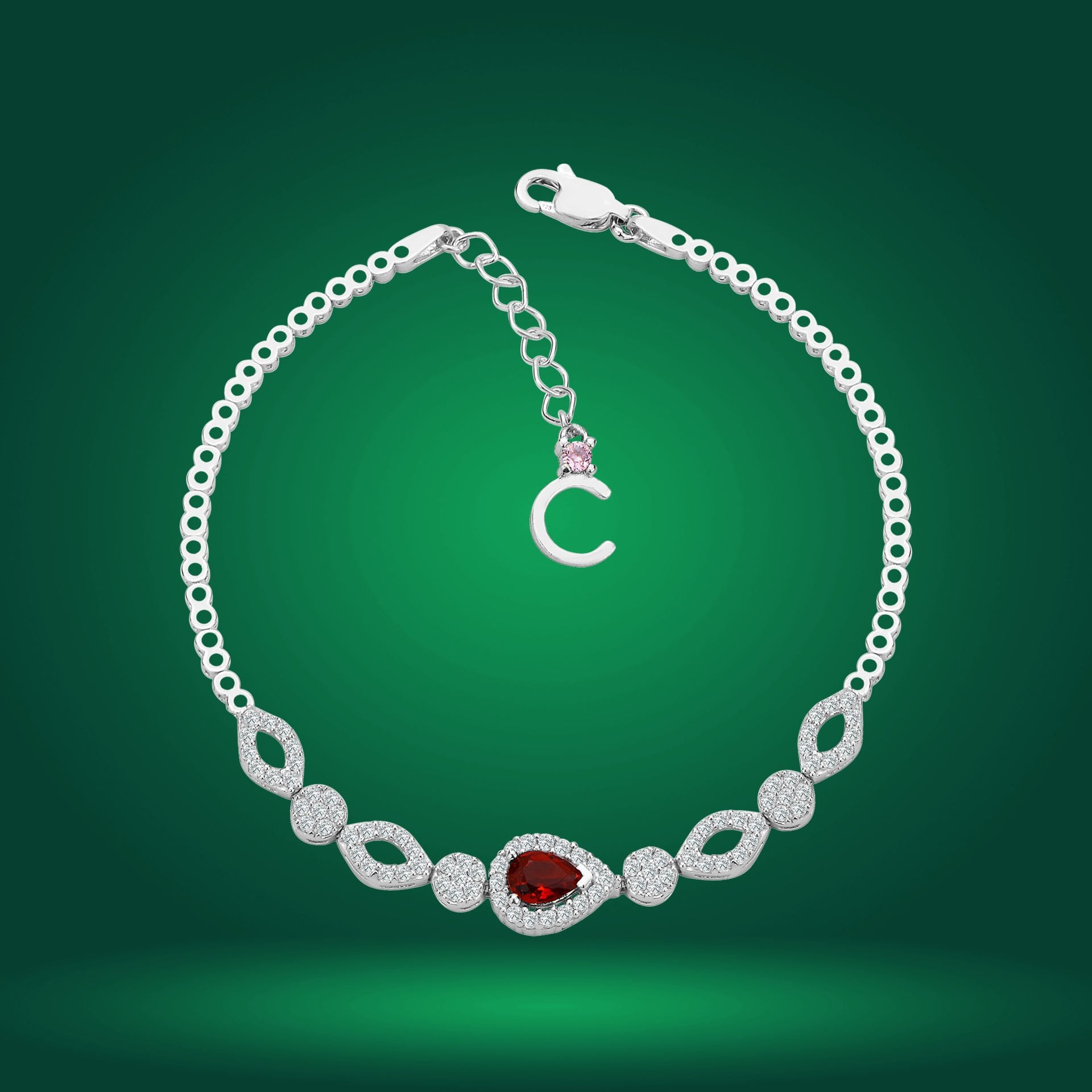 925 Ayar Gümüş Kırmızı Damla Taşlı Zincir Harfli Su Yolu Bileklik C