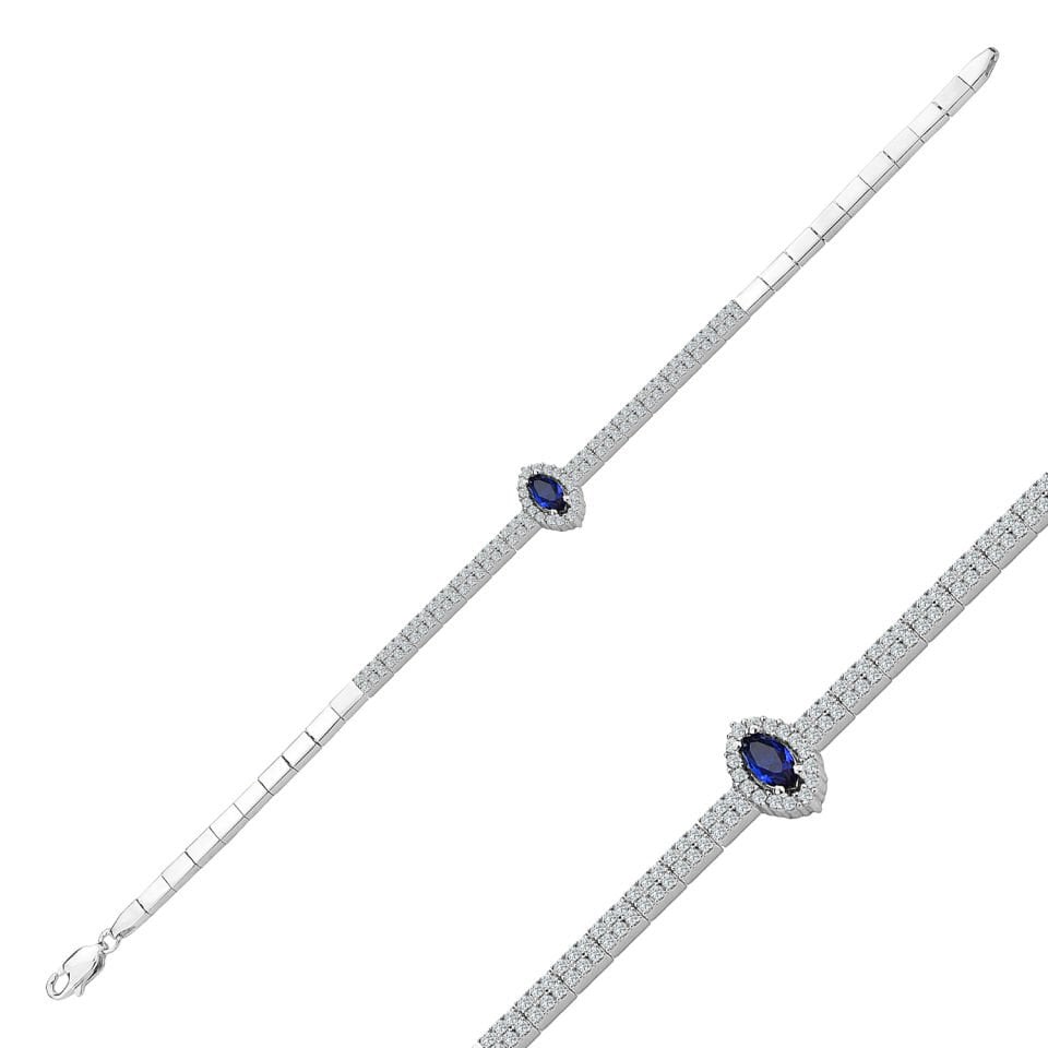 925 Ayar Gümüş 2 Sıra Mavi Mekik Taşlı Harfli Su Yolu Bileklik