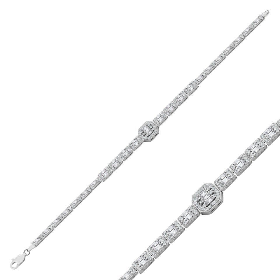 925 Ayar Gümüş Baget Ful Taşlı Zincir Harfli Su Yolu Bileklik