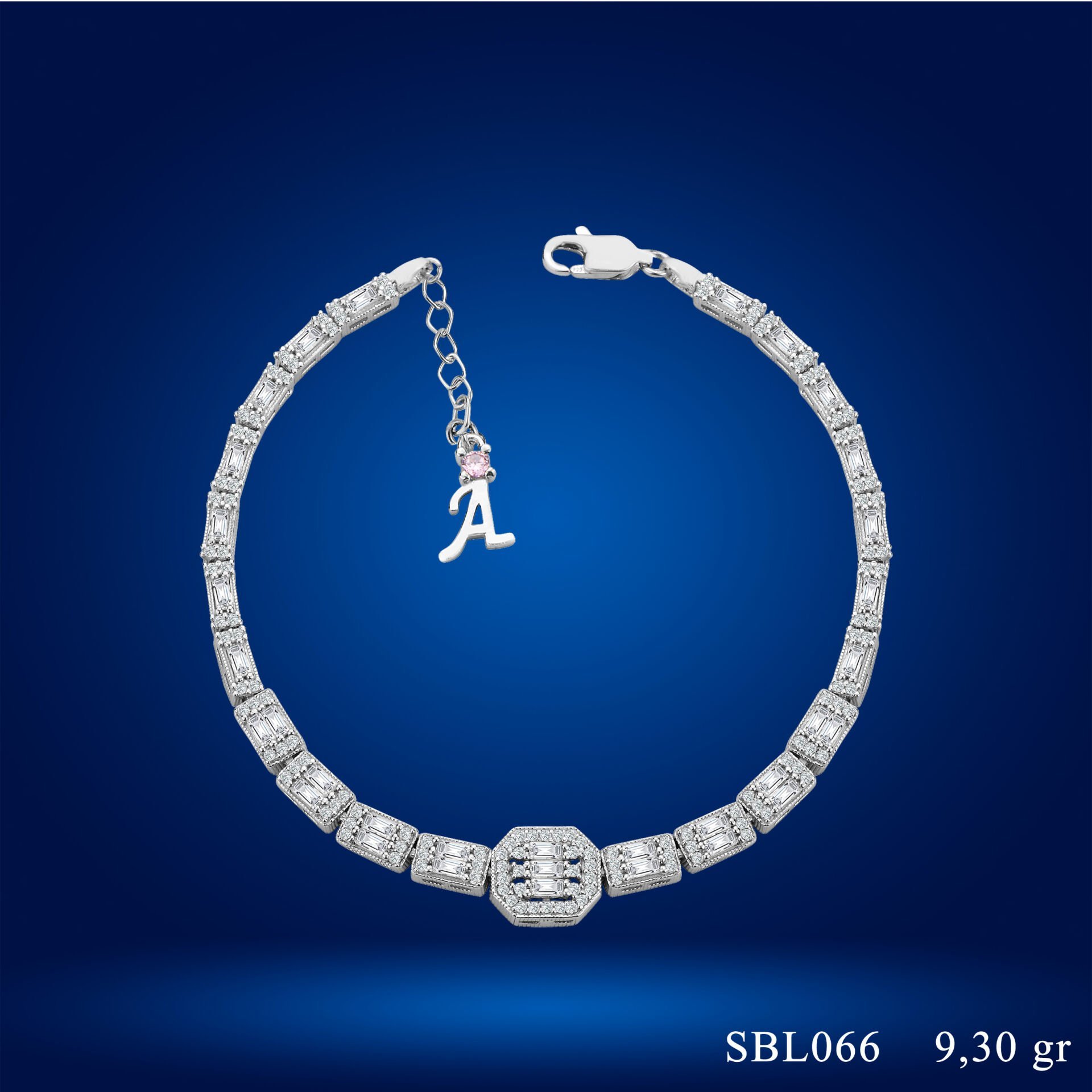 925 Ayar Gümüş Baget Ful Taşlı Zincir Harfli Su Yolu Bileklik