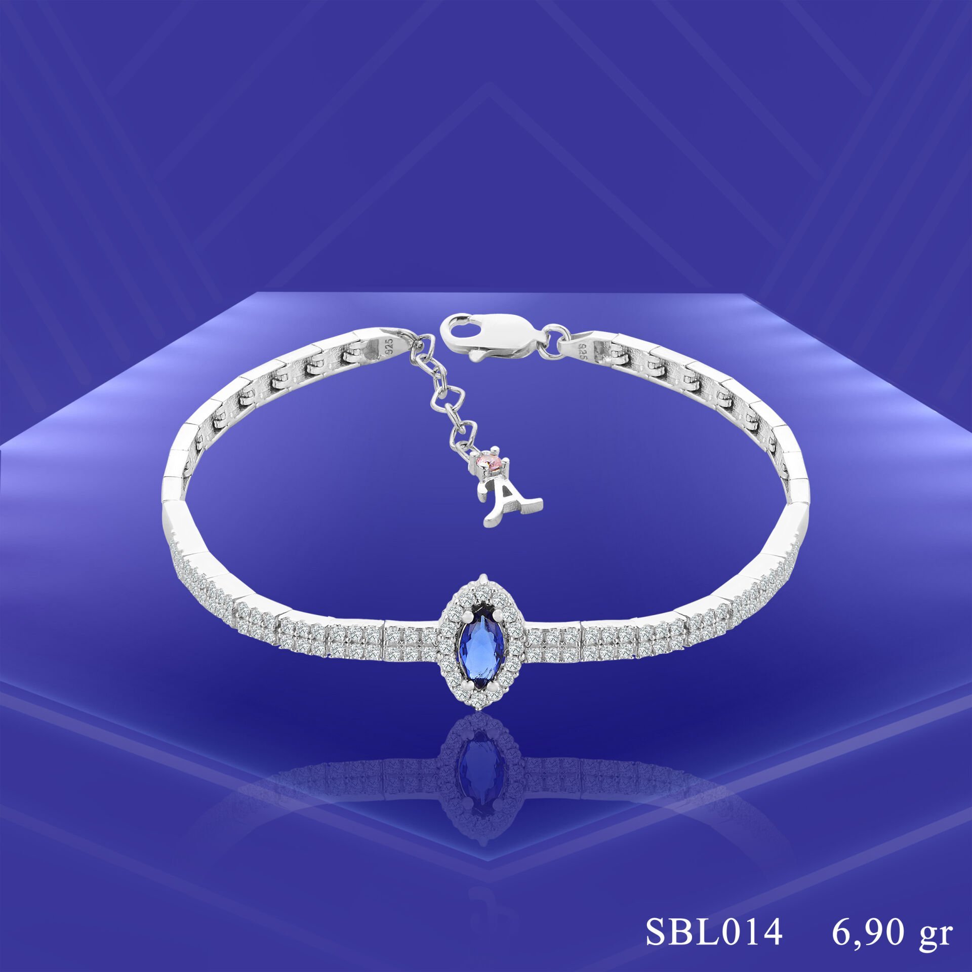 925 Ayar Gümüş 2 Sıra Mavi Mekik Taşlı Harfli Su Yolu Bileklik