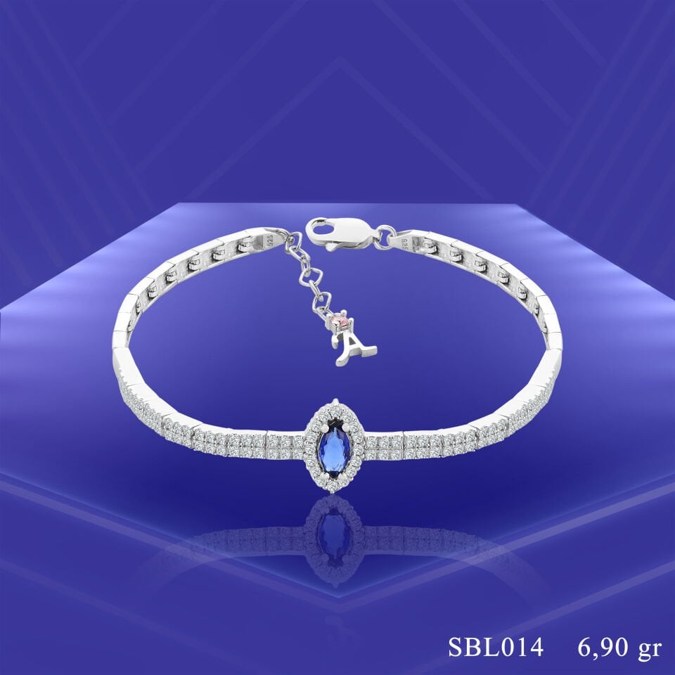 925 Ayar Gümüş 2 Sıra Mavi Mekik Taşlı Harfli Su Yolu Bileklik