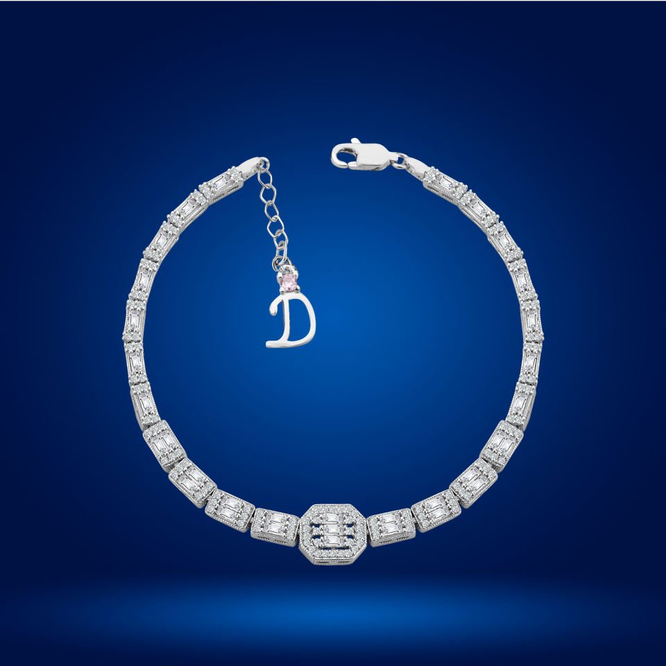 925 Ayar Gümüş Baget Ful Taşlı Zincir Harfli Su Yolu Bileklik D