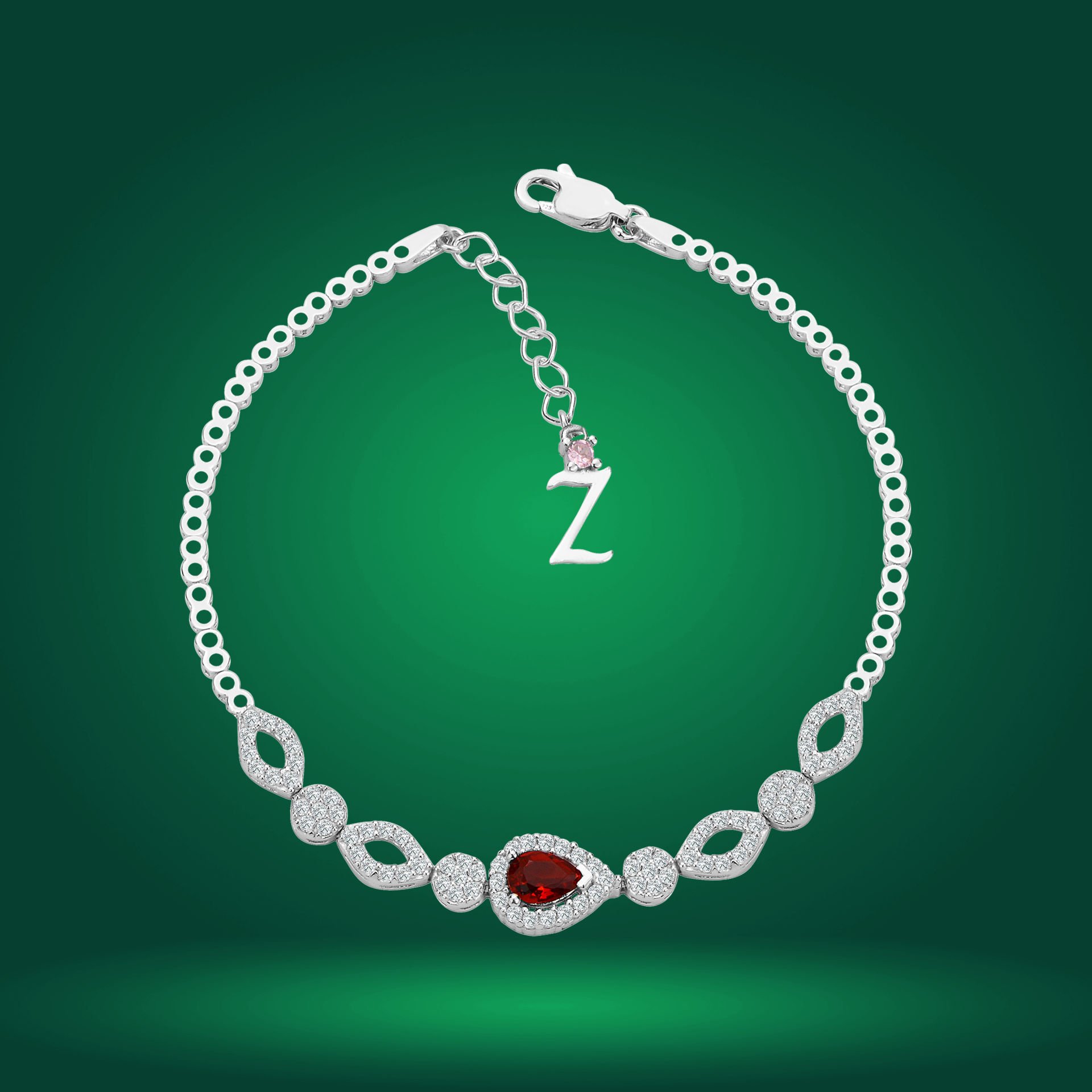 925 Ayar Gümüş Kırmızı Damla Taşlı Zincir Harfli Su Yolu Bileklik Z