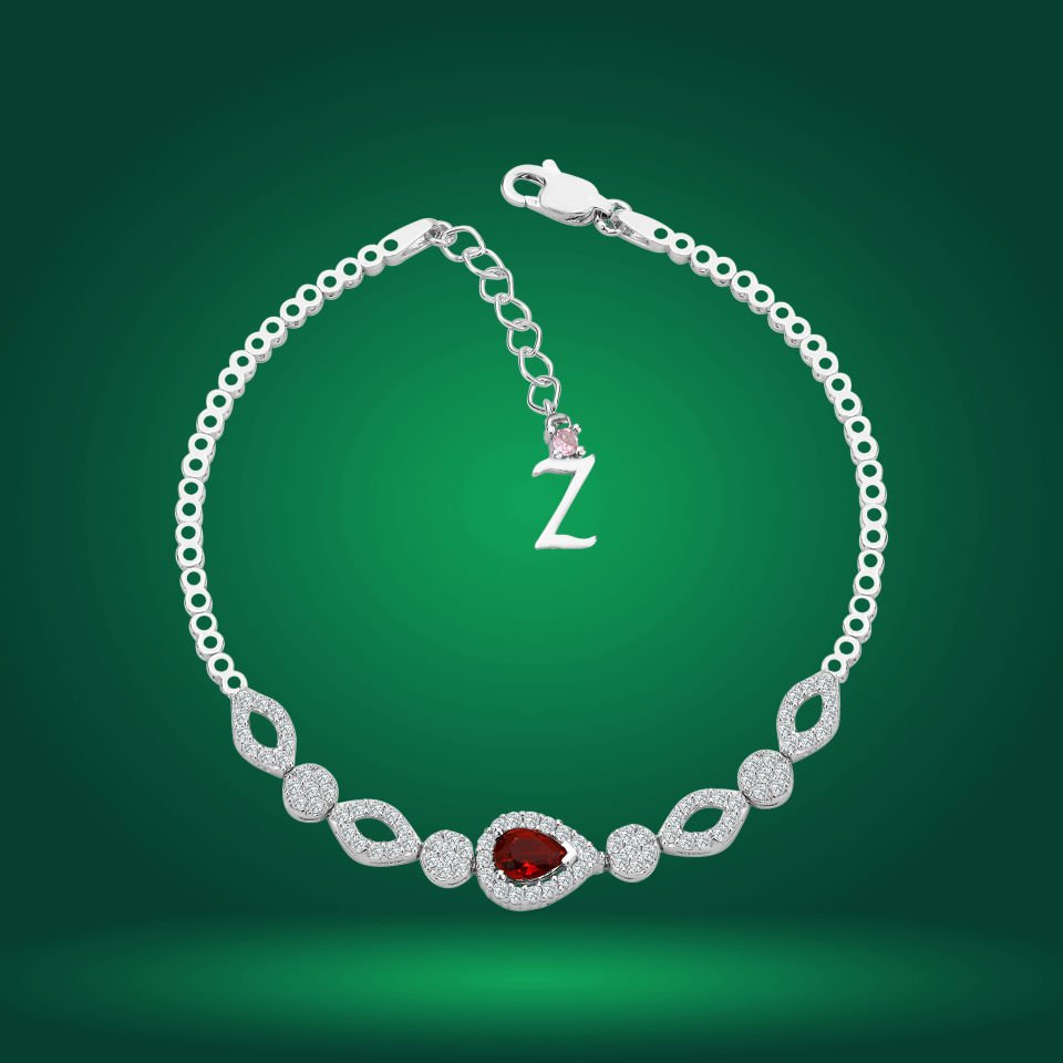 925 Ayar Gümüş Kırmızı Damla Taşlı Zincir Harfli Su Yolu Bileklik Z