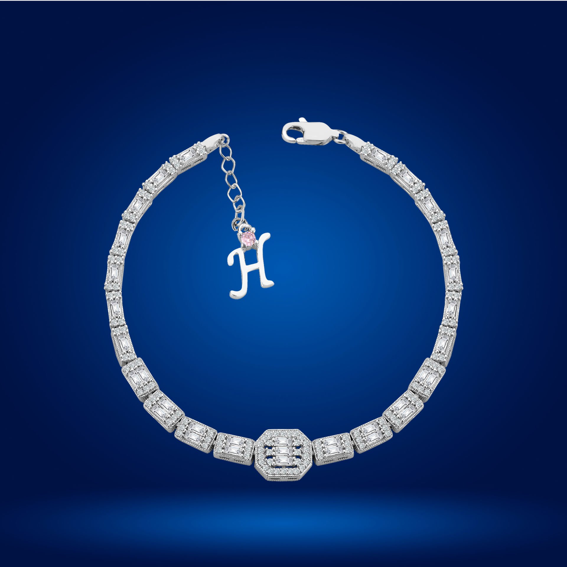 925 Ayar Gümüş Baget Ful Taşlı Zincir Harfli Su Yolu Bileklik H