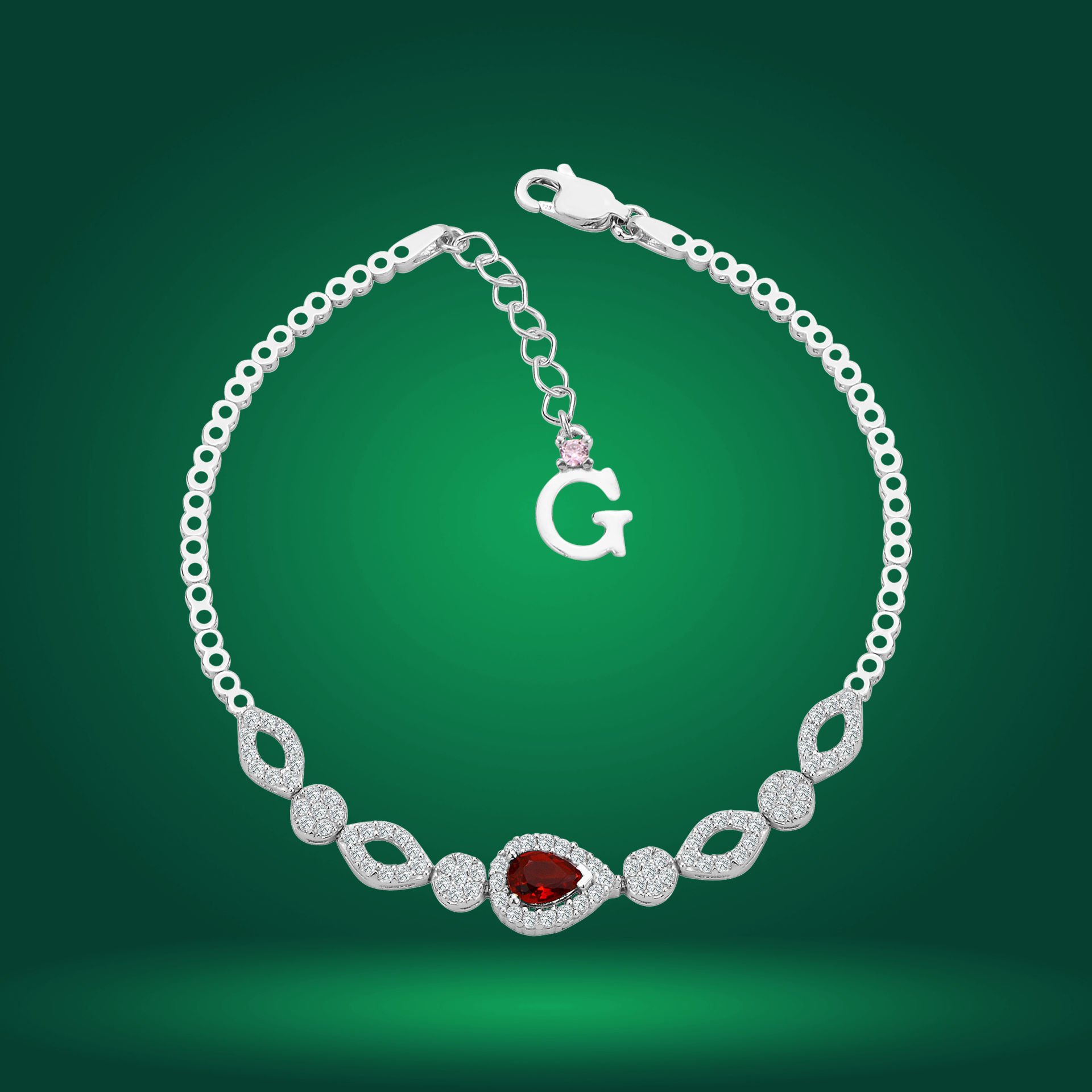 925 Ayar Gümüş Kırmızı Damla Taşlı Zincir Harfli Su Yolu Bileklik Ğ