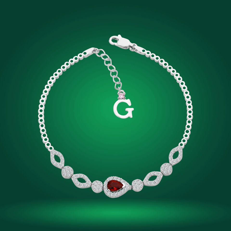 925 Ayar Gümüş Kırmızı Damla Taşlı Zincir Harfli Su Yolu Bileklik Ğ