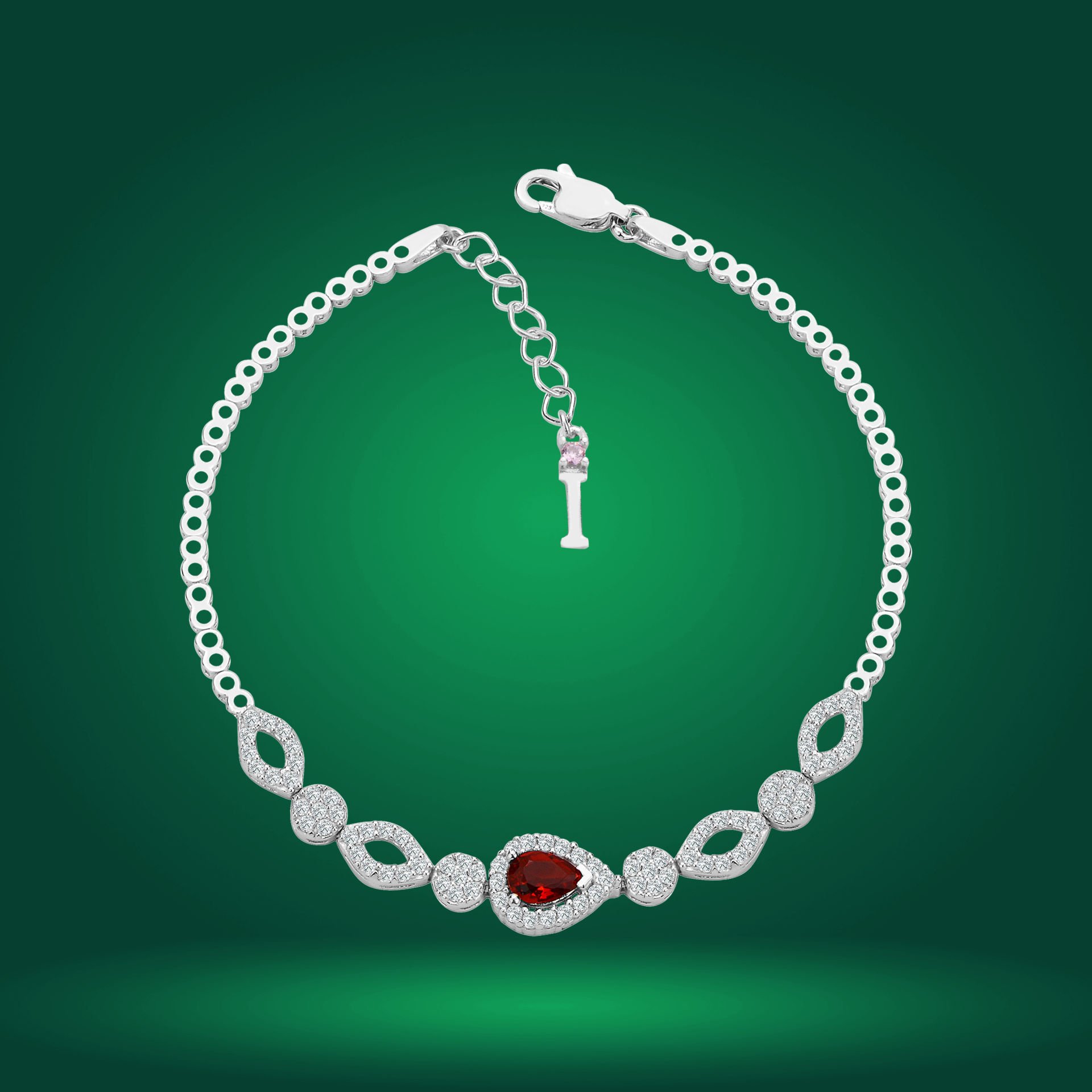 925 Ayar Gümüş Kırmızı Damla Taşlı Zincir Harfli Su Yolu Bileklik İ