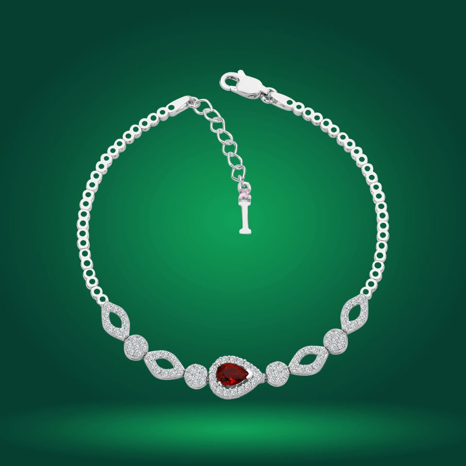 925 Ayar Gümüş Kırmızı Damla Taşlı Zincir Harfli Su Yolu Bileklik İ