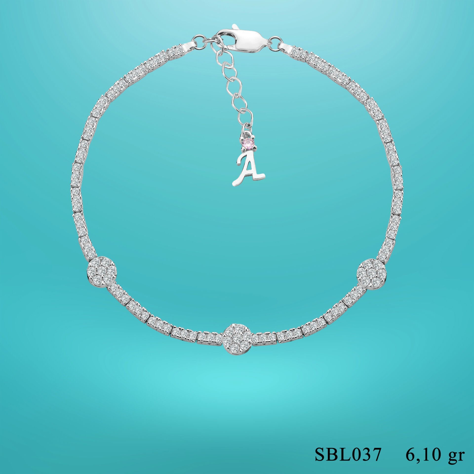 925 Ayar Gümüş Üç Taş Zarif Zincir Harfli Su Yolu Bileklik