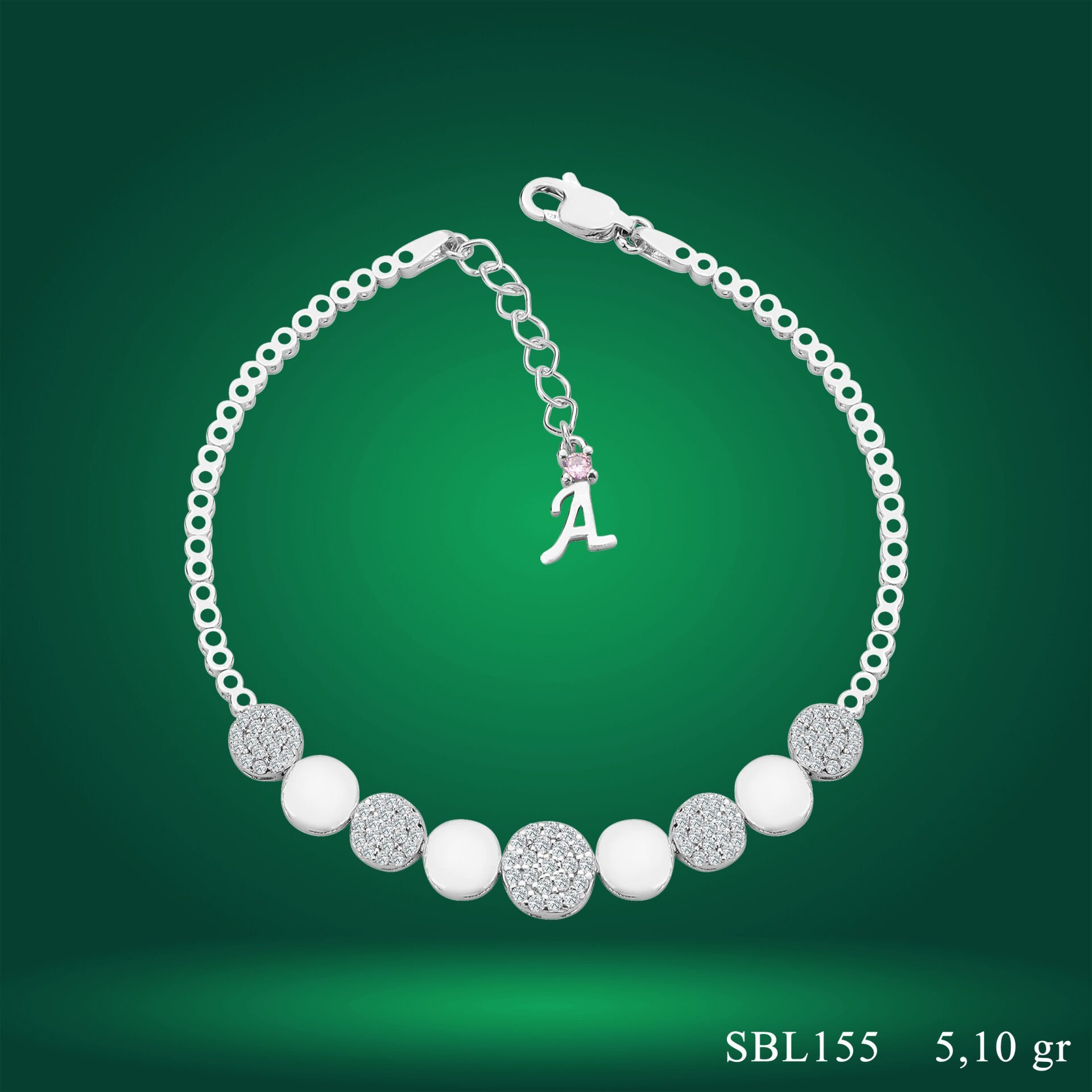 925 Ayar Gümüş Pırlanta Montürlü Zincir Harfli Su Yolu Bileklik