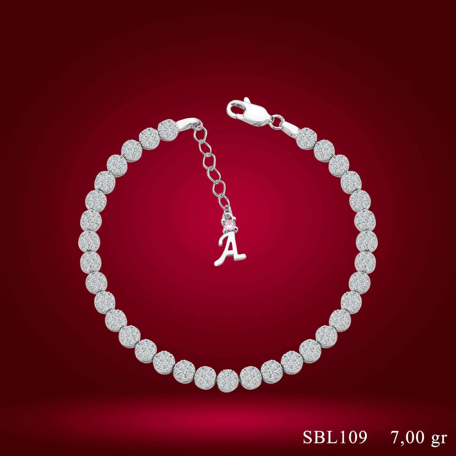 925 Ayar Gümüş Pırlanta Montürlü  Zincir Harfli Su Yolu Bileklik