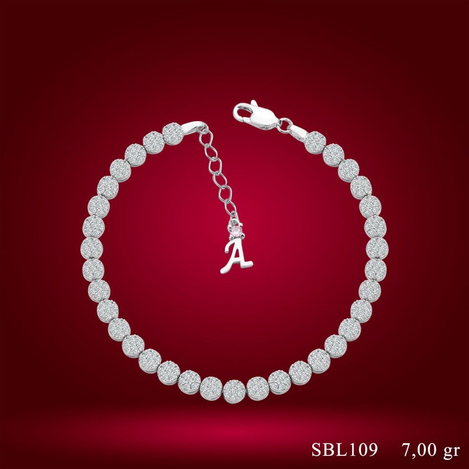 925 Ayar Gümüş Pırlanta Montürlü  Zincir Harfli Su Yolu Bileklik