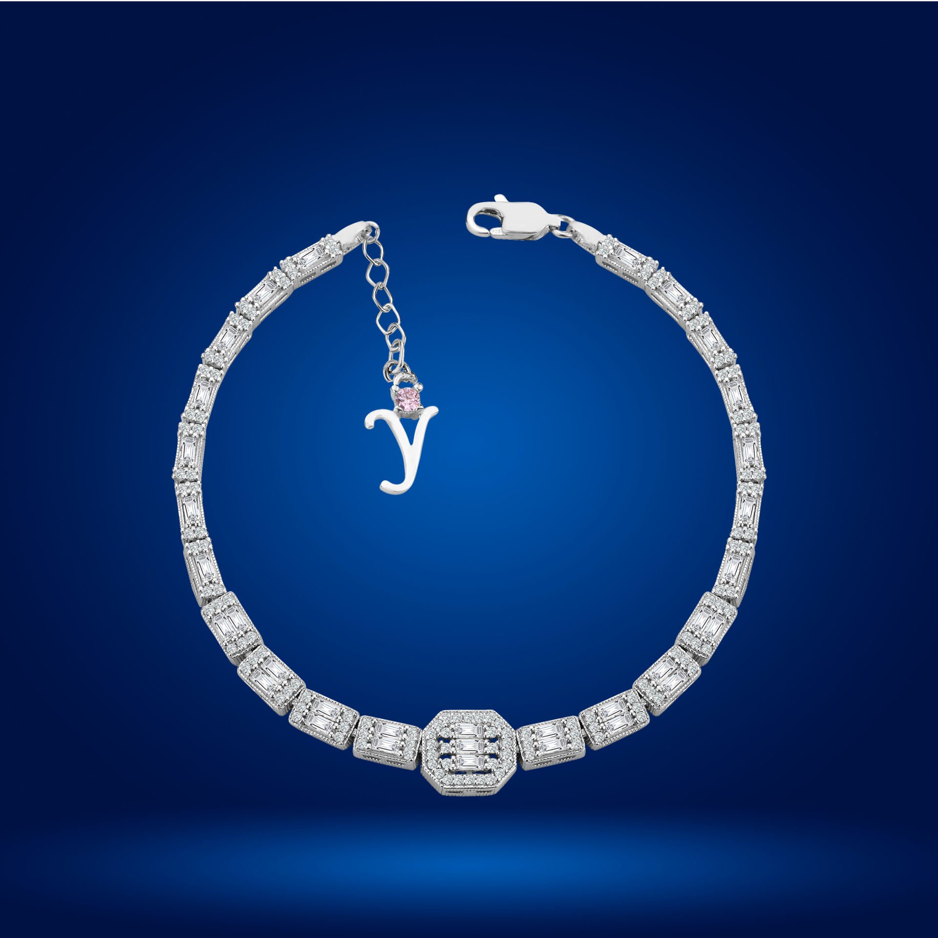 925 Ayar Gümüş Baget Ful Taşlı Zincir Harfli Su Yolu Bileklik Y