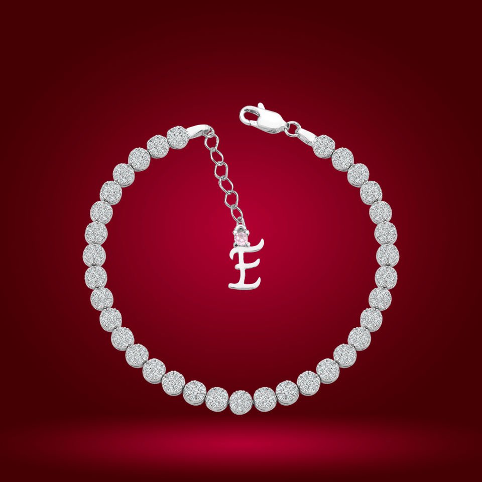 925 Ayar Gümüş Pırlanta Montürlü  Zincir Harfli Su Yolu Bileklik E