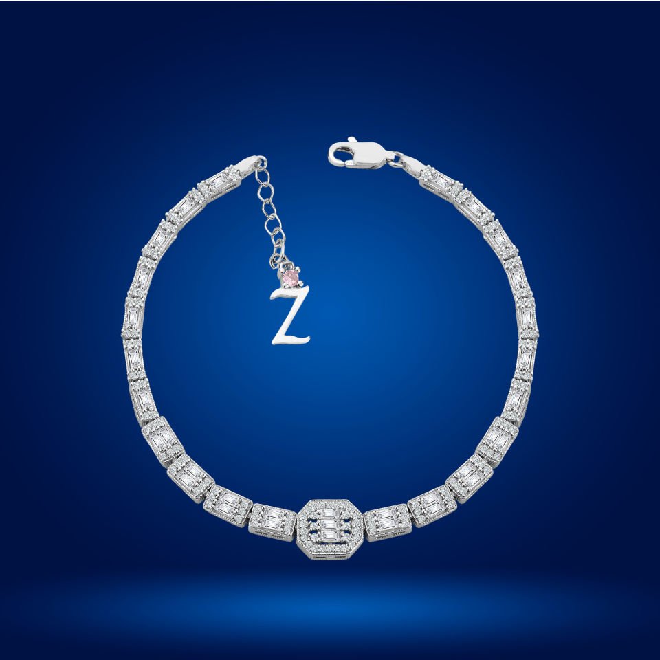 925 Ayar Gümüş Baget Ful Taşlı Zincir Harfli Su Yolu Bileklik Z