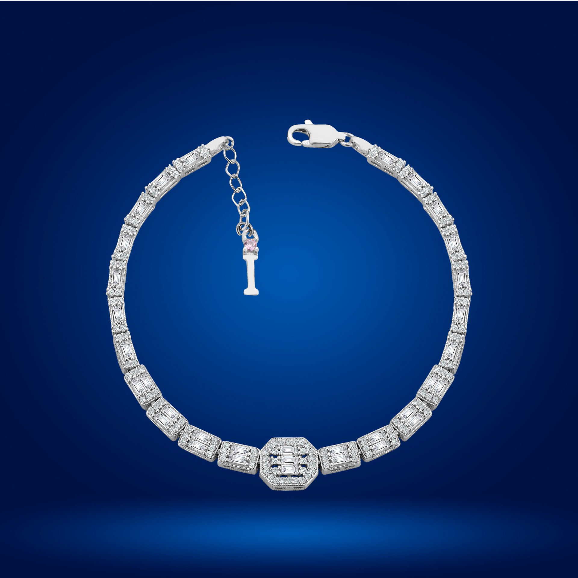 925 Ayar Gümüş Baget Ful Taşlı Zincir Harfli Su Yolu Bileklik I