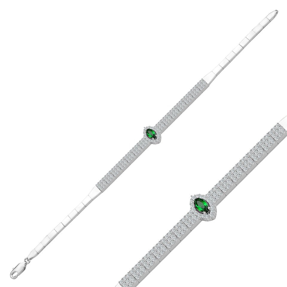 925 Ayar Gümüş 3 Sıra Yeşil Mekik Taşlı Harfli Su Yolu Bileklik