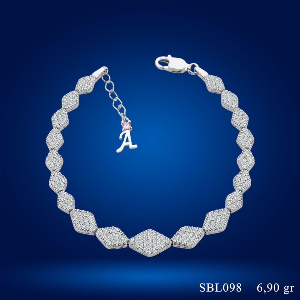 925 Ayar Gümüş Baklava Dilimli Zincir Harfli Su Yolu Bileklik