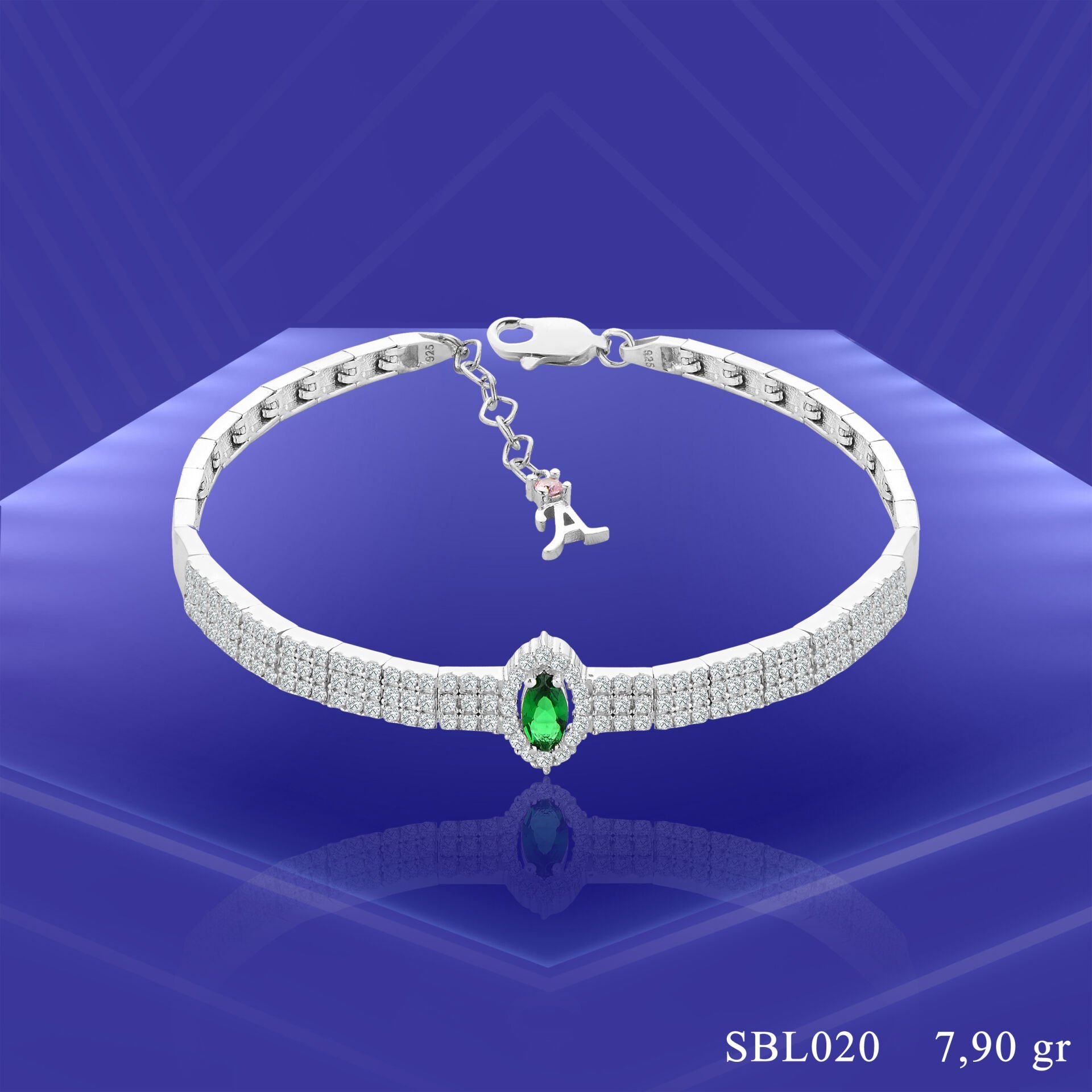 925 Ayar Gümüş 3 Sıra Yeşil Mekik Taşlı Harfli Su Yolu Bileklik