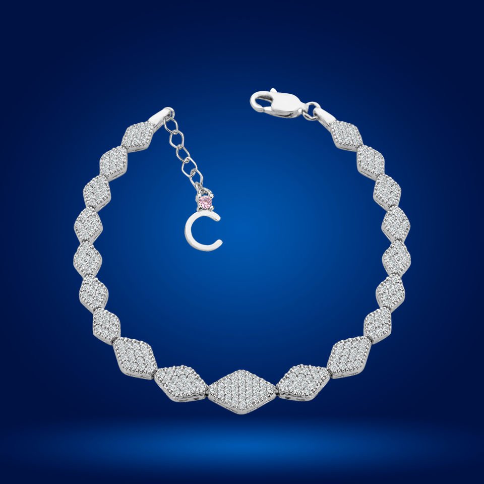 925 Ayar Gümüş Baklava Dilimli Zincir Harfli Su Yolu Bileklik C