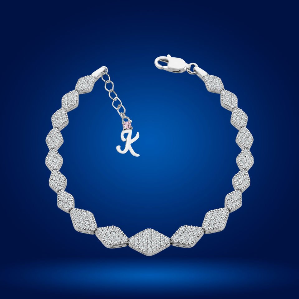 925 Ayar Gümüş Baklava Dilimli Zincir Harfli Su Yolu Bileklik K