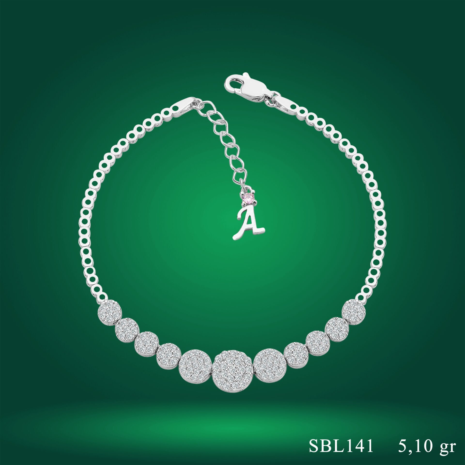 925 Ayar Gümüş Pırlanta Montürlü Zincir Harfli Su Yolu Bileklik