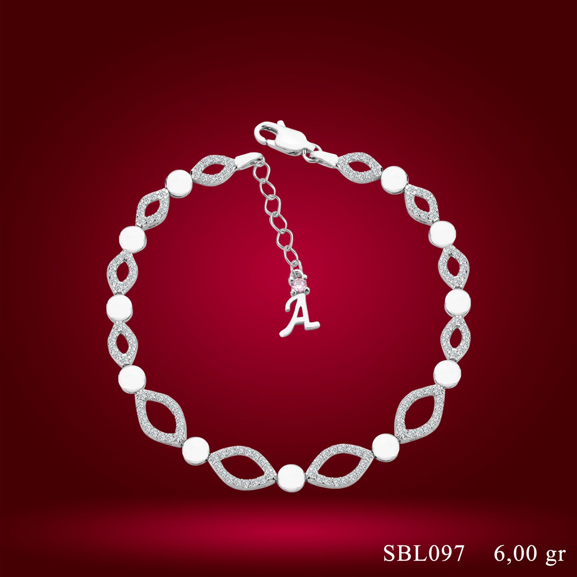 925 Ayar Gümüş Pırlanta Göz Modeli Zincir Harfli Su Yolu Bileklik