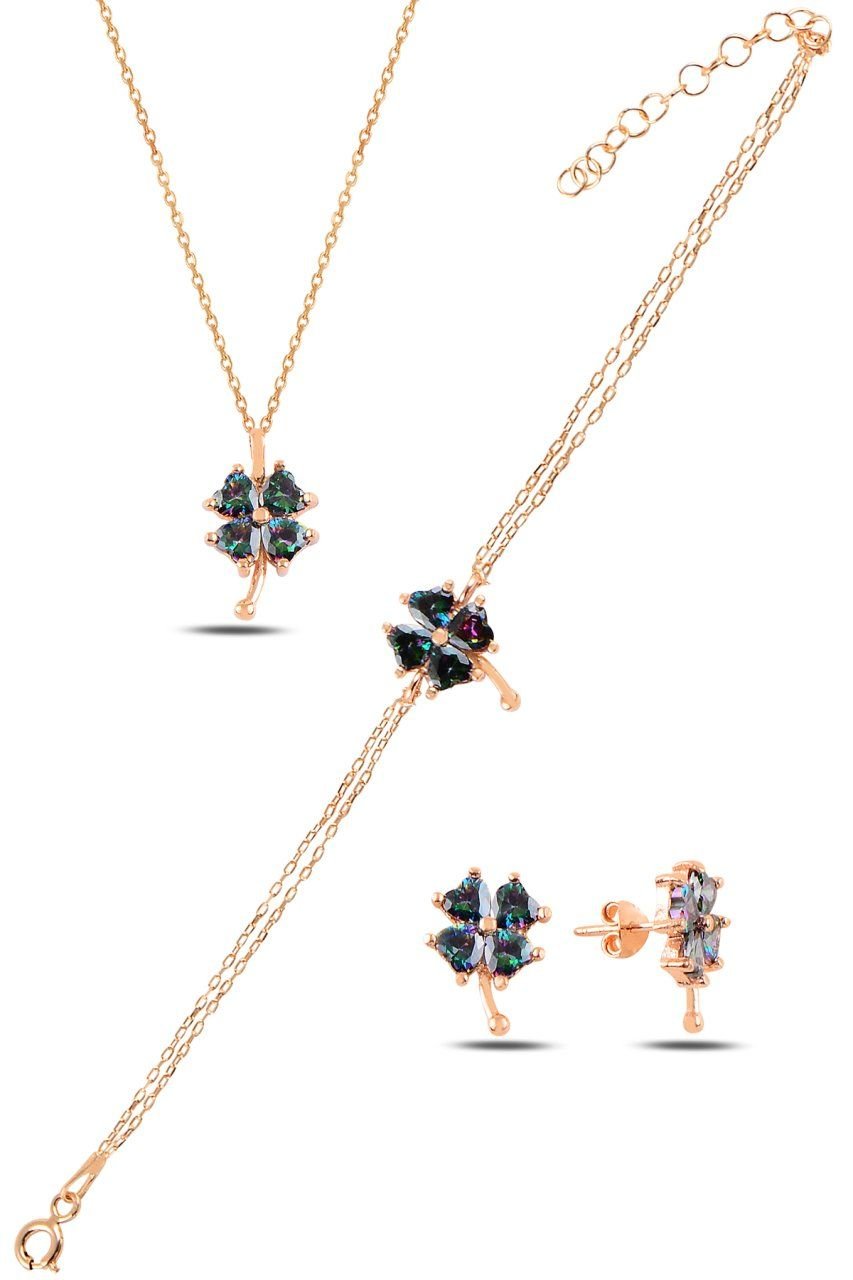 BARIŞ TAKI 925 Ayar Gümüş Rose Mistik Topaz Taşlı Yonca Üçlü Set