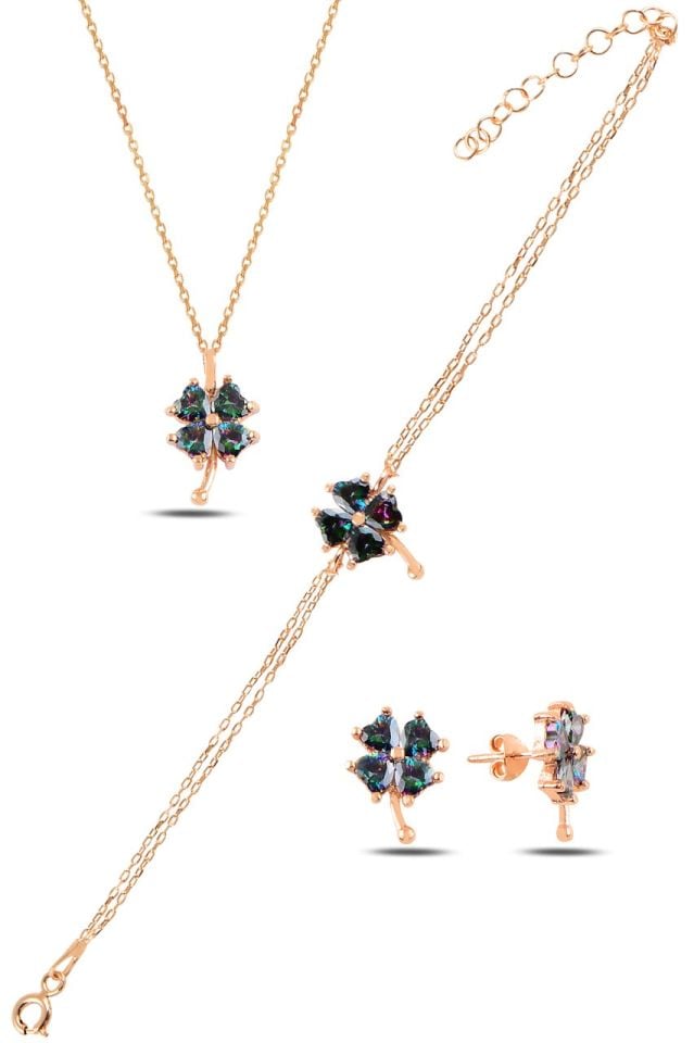 BARIŞ TAKI 925 Ayar Gümüş Rose Mistik Topaz Taşlı Yonca Üçlü Set