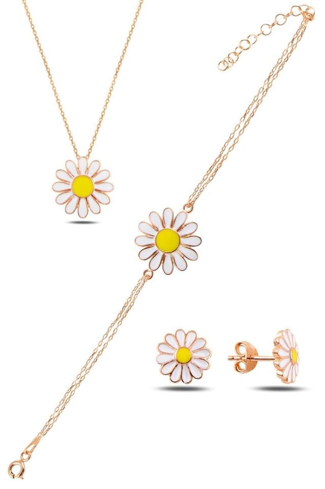 BARIŞ TAKI 925 Ayar Gümüş  Rose Papatya Üçlü Set