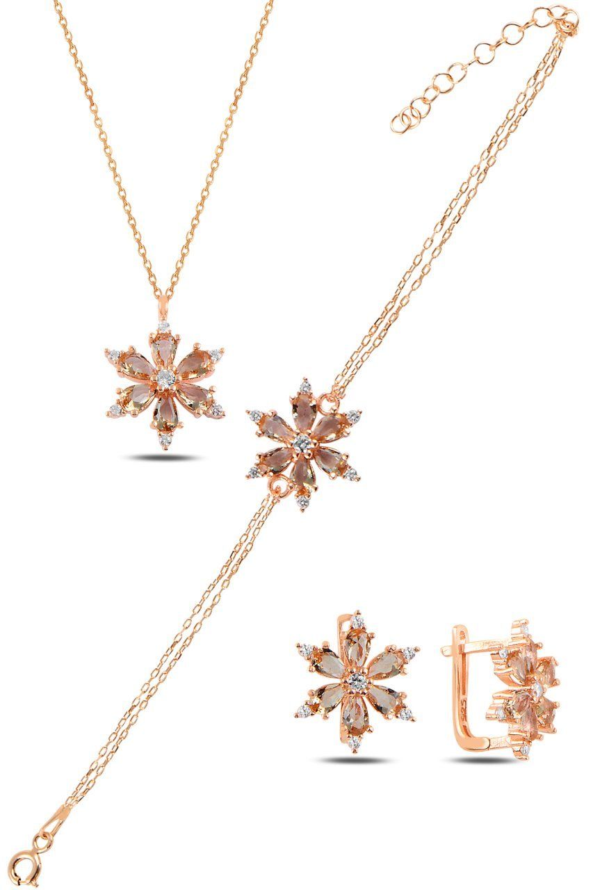 BARIŞ TAKI 925 Ayar Gümüş  Rose  Zultanit Taşlı Papatya Üçlü Set