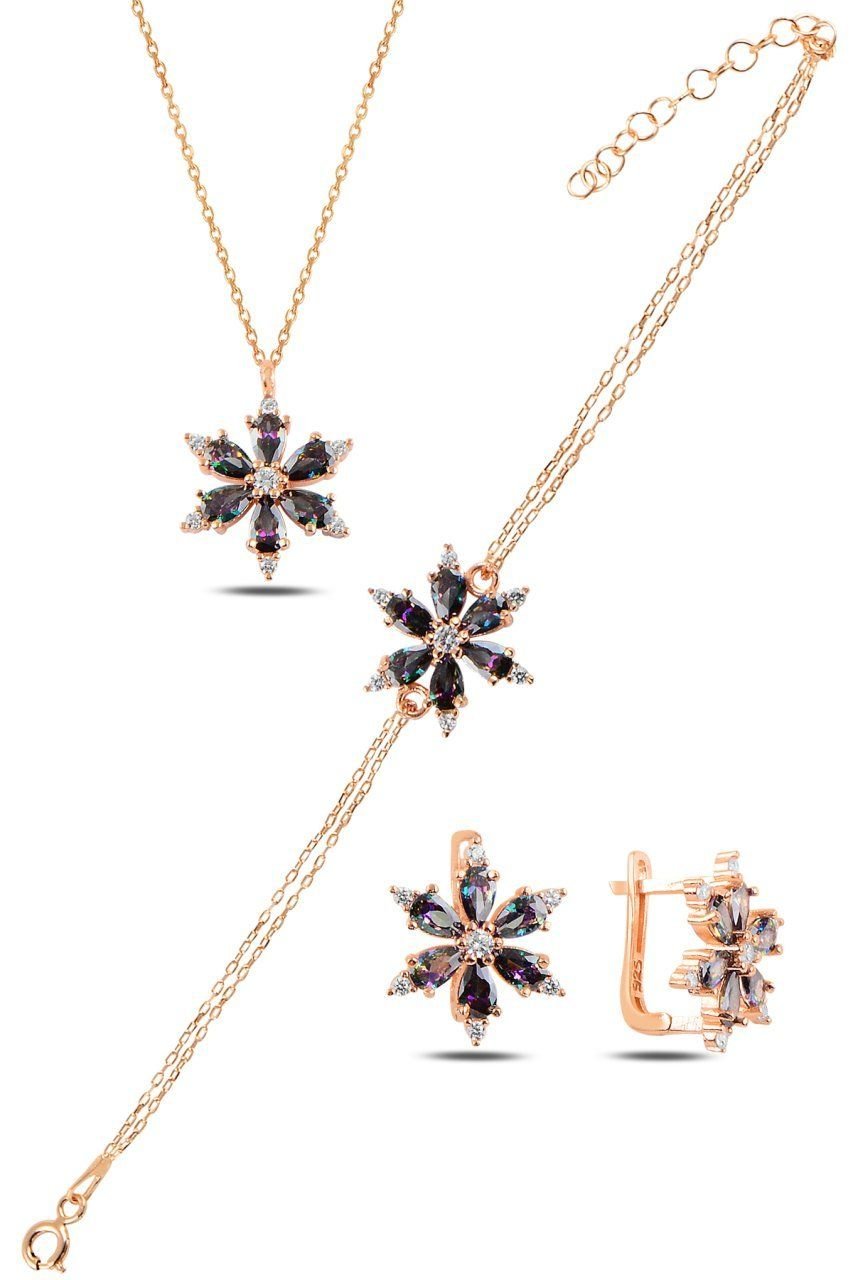 BARIŞ TAKI 925 Ayar Gümüş Rose Misitk Topaz Taşlı Papatya Üçlü Set