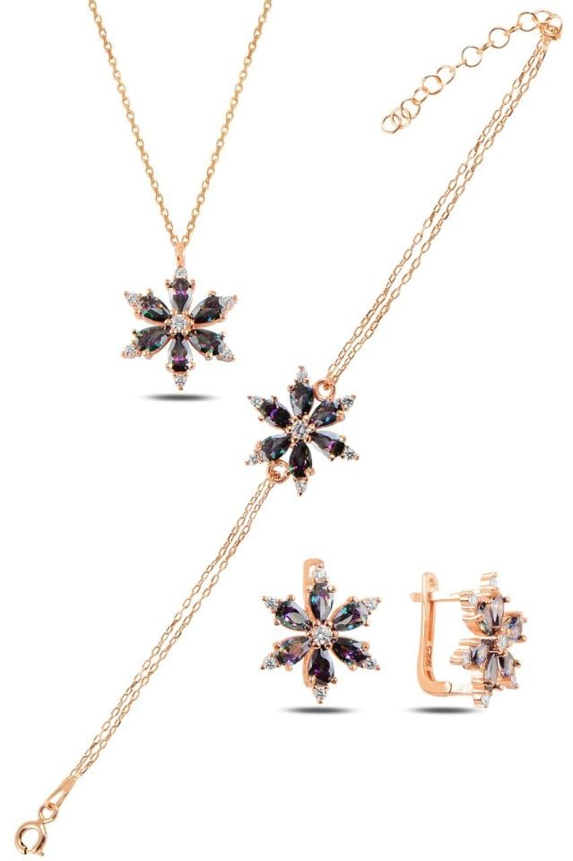 BARIŞ TAKI 925 Ayar Gümüş Rose Misitk Topaz Taşlı Papatya Üçlü Set