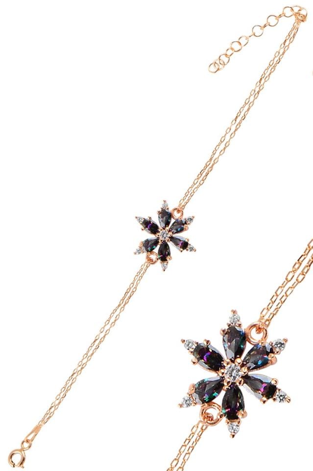 BARIŞ TAKI 925 Ayar Gümüş Rose Mistik Topaz Taşlı Papatya Bileklik